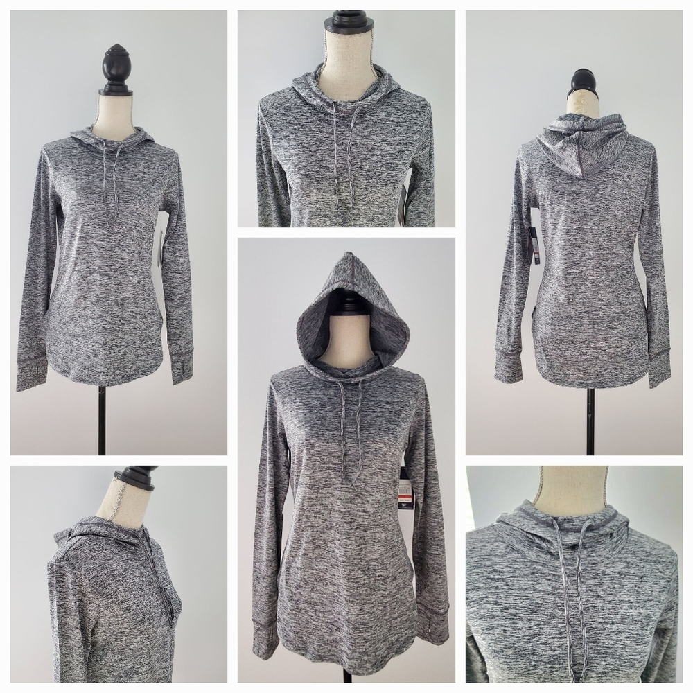 REEBOK Long Sleeve Hoodie ShirtThumb Holes Dark Gray & White Workout Top NWT